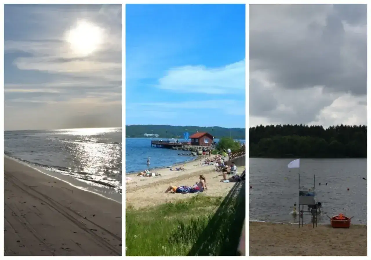 Trzy plaże: słoneczna nad morzem, z pomostem i ludźmi, oraz nad jeziorem. Wejherowo ile do morza? Niedaleko!