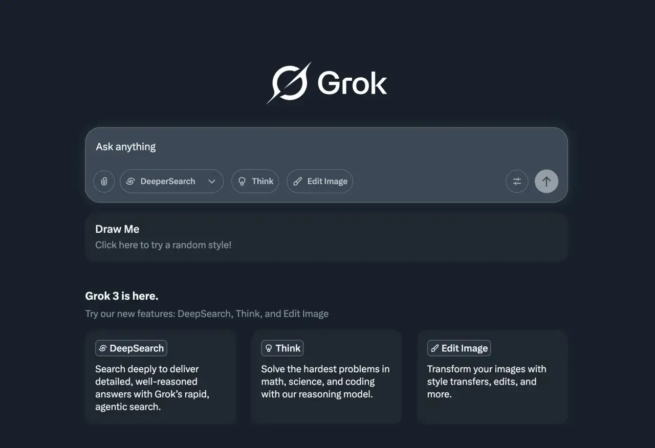 Grok to narzędzie AI. Zapytaj o cokolwiek, skorzystaj z DeepSearch, Think lub Edit Image.