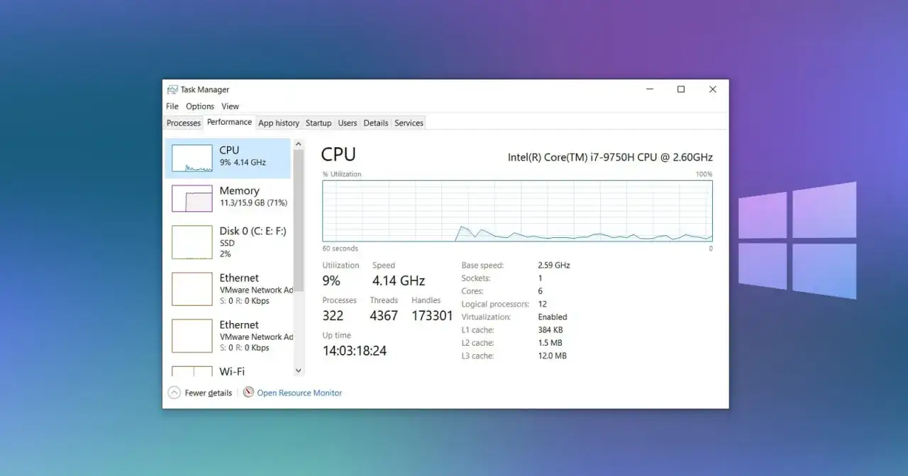 Menedżer zadań pokazuje użycie procesora Intel Core i7, pamięci i dysku. Proces