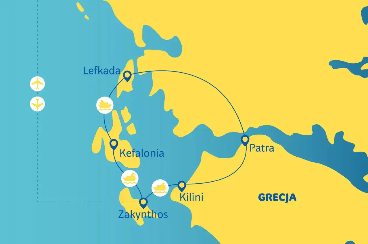 Mapa wysp Grecji z wyróżnionymi archipelagami