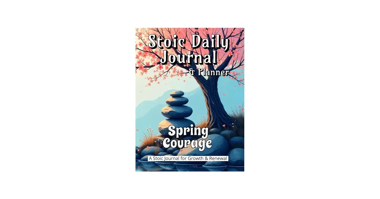 Stoic Daily Journal & Planner: Spring Courage. The obstacle is the path, like these stacked stones by a blooming tree, guiding growth.
