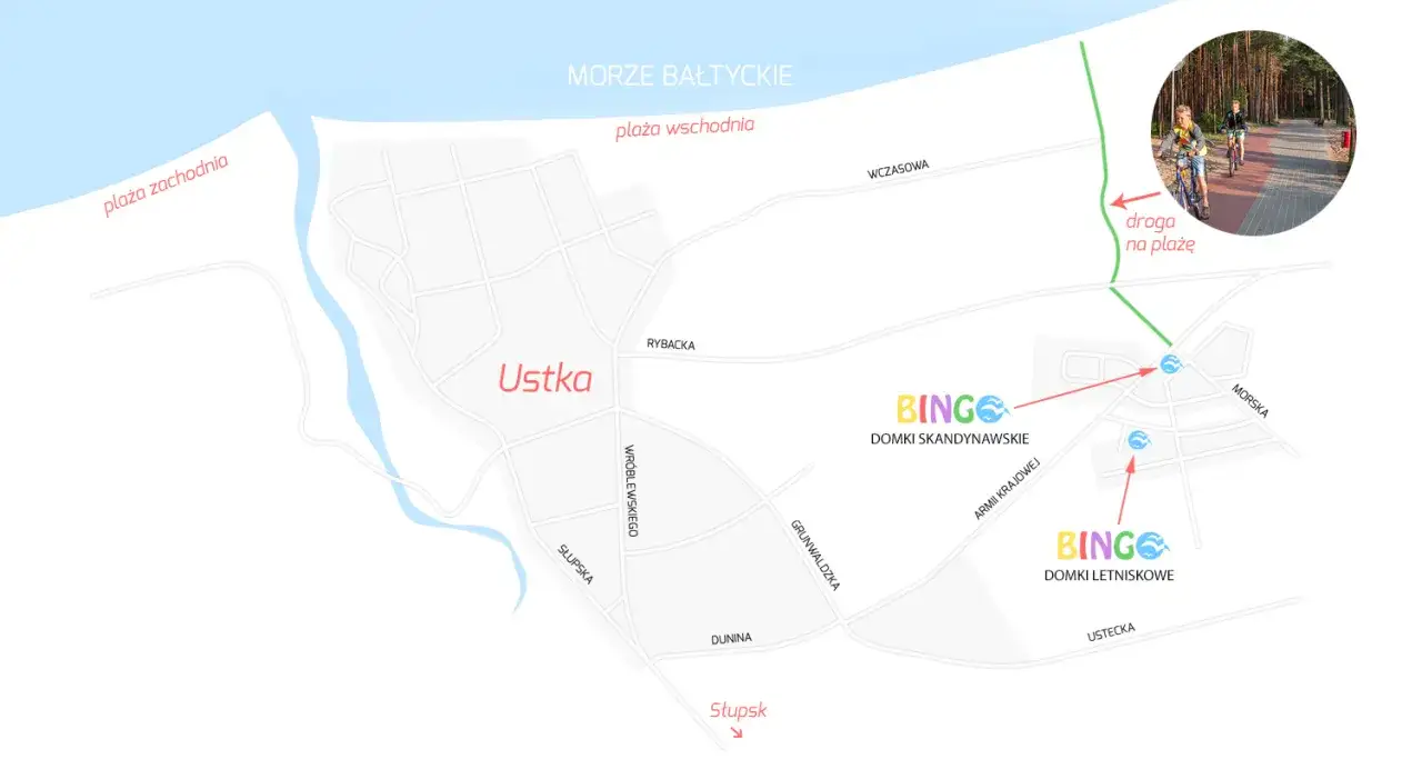Mapa Ustronia z zaznaczonymi domkami nad morzem, plażą wschodnią i zachodnią oraz drogą na plażę.