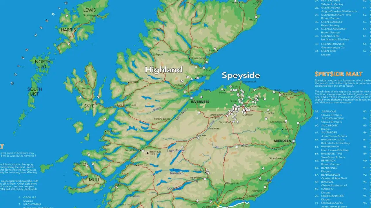 Karte der Whisky Regionen Schottlands mit Fokus auf Speyside.