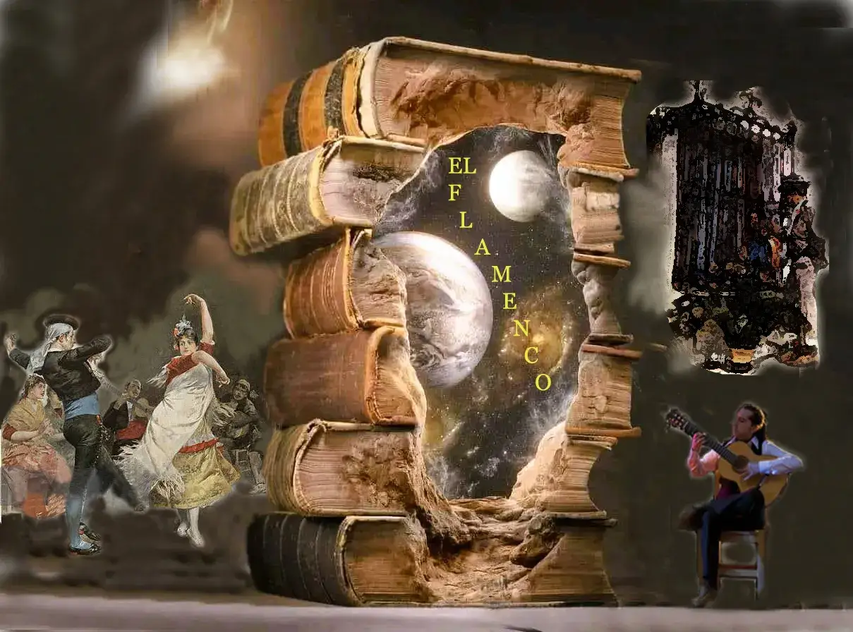 Libros apilados forman un portal cósmico con la palabra 