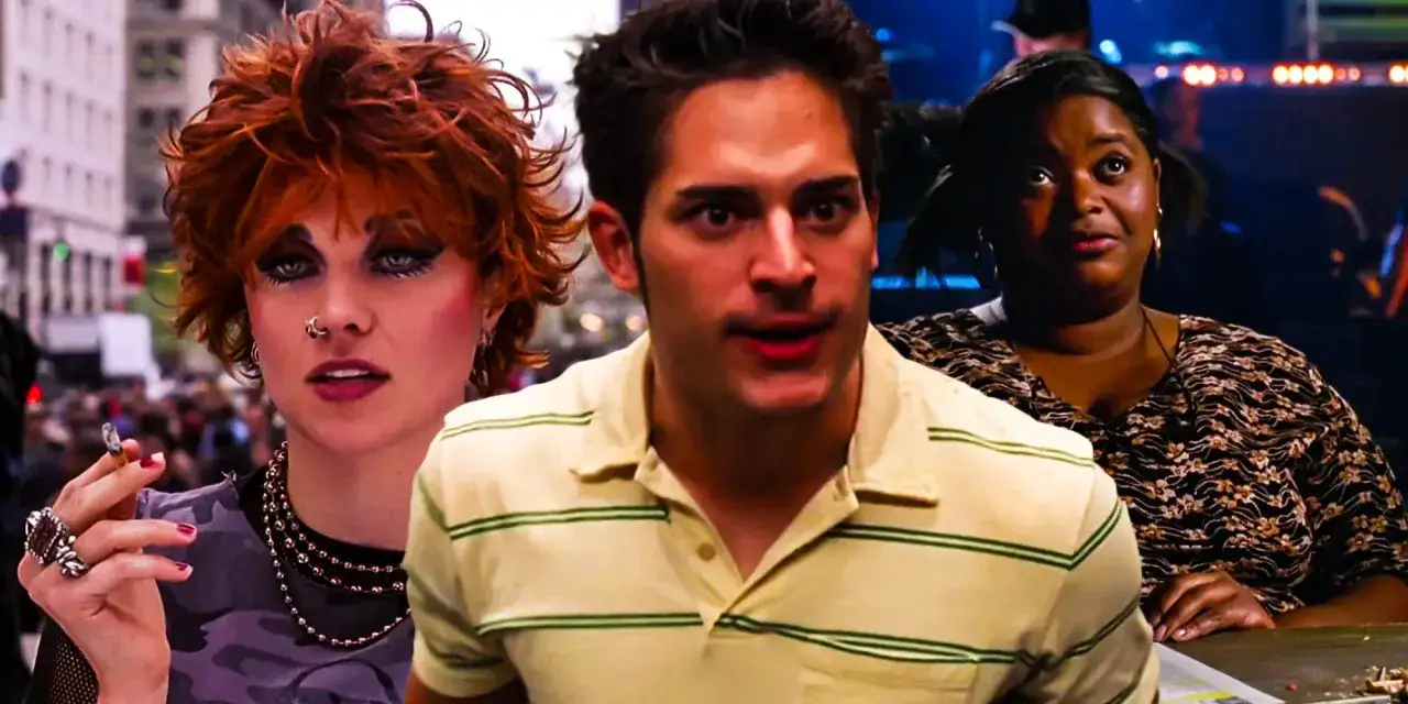 Besetzung von Spider-Man (Film): Eine Frau mit roten Haaren und auffälligem Make-up raucht, ein Mann im gestreiften Poloshirt und eine Frau mit gemustertem Oberteil.