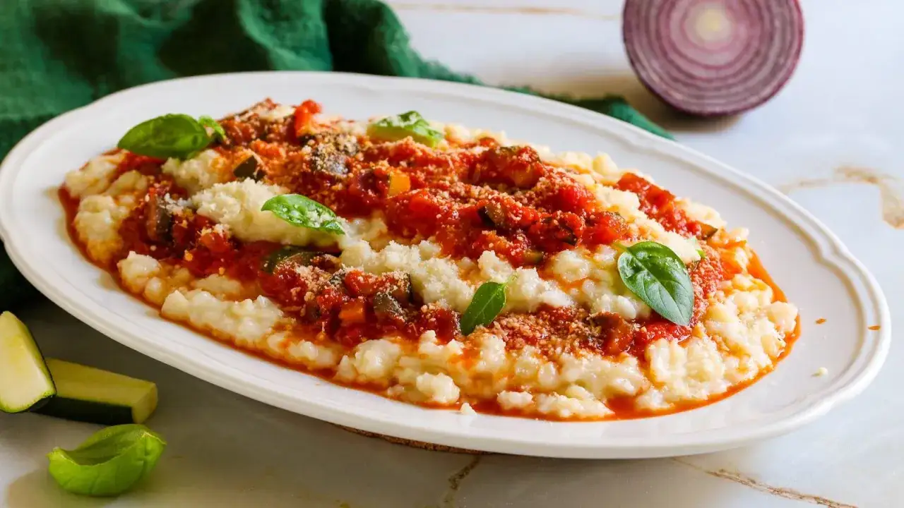 Frascarelli ricetta originale: un piatto cremoso con sugo di pomodoro, verdure e basilico fresco.