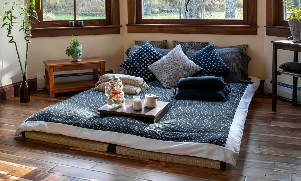 Accogliente camera stile giapponese con futon, cuscini decorati, bambù e un set da tè.