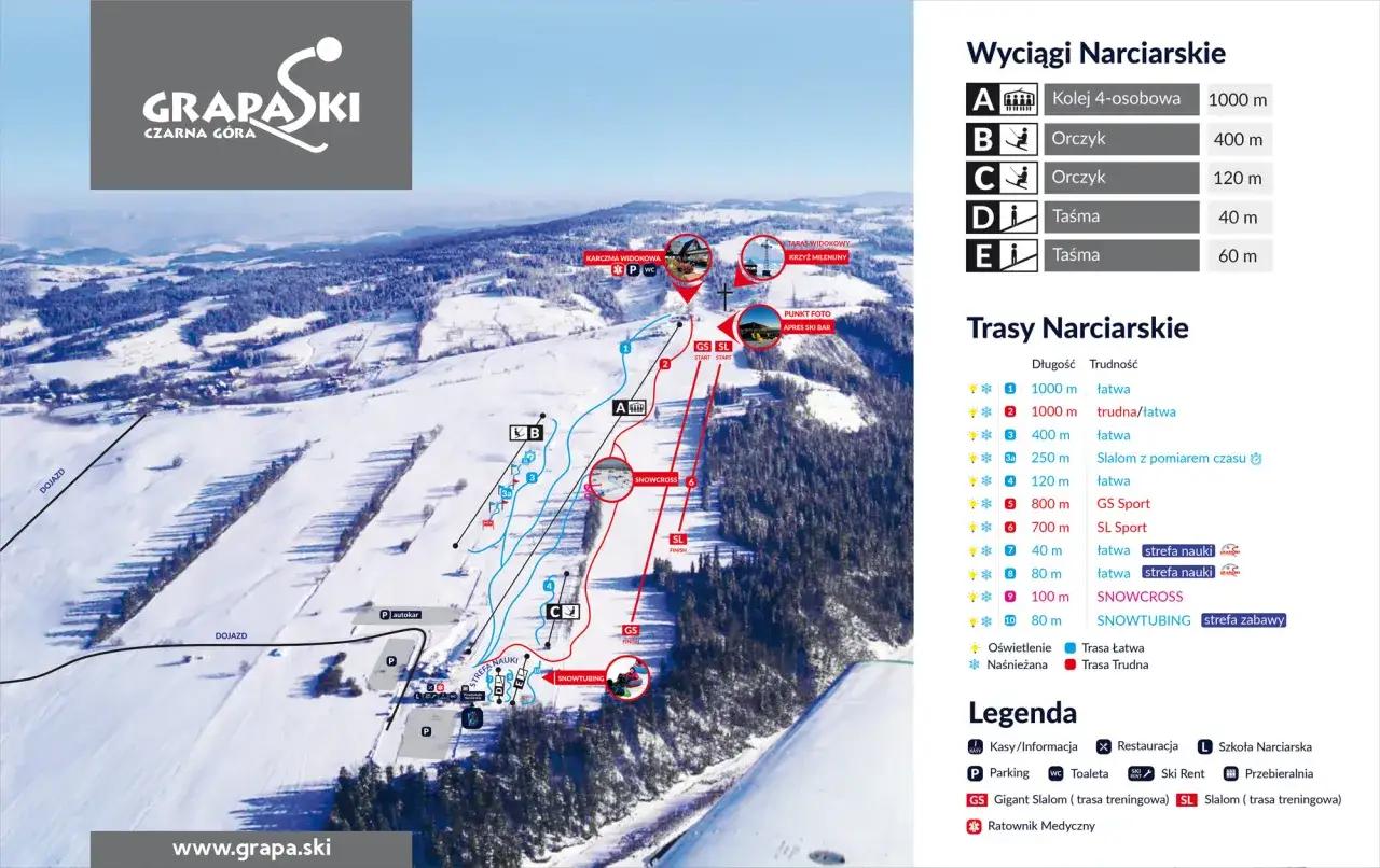 Mapa stoki narciarskie Podhale: wyciągi, trasy, snowtubing i punkty widokowe na Czarnej Górze.