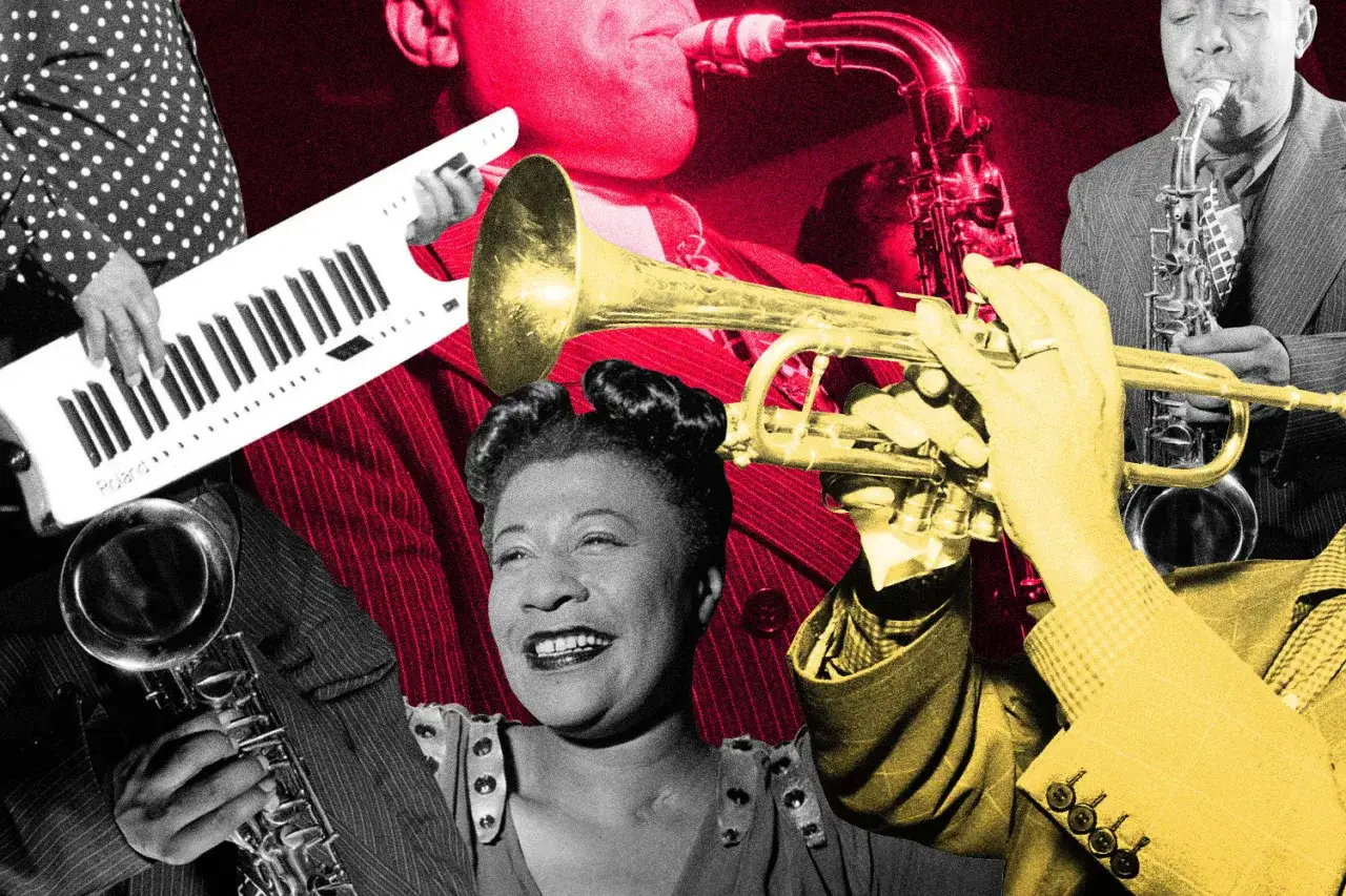 Wielobarwna kolażowa kompozycja z muzykami jazzowymi. Widać trębacza, saksofonistę, pianistę i wokalistkę. To kwintesencja stylu w muzyce jazzowej.
