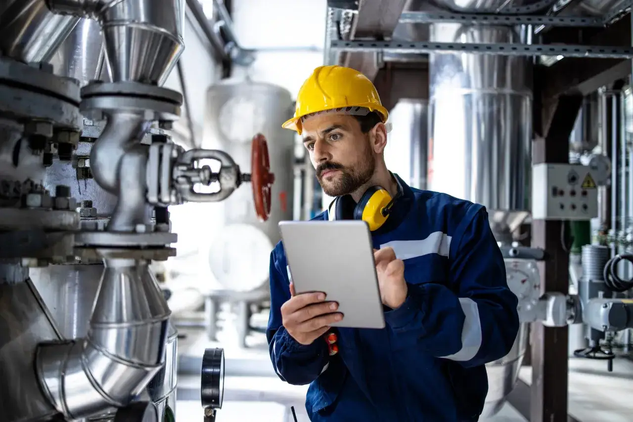 Ingeniero con casco amarillo revisa tablet junto a tuberías y válvulas, gestionando el mantenimiento reactivo en la planta.