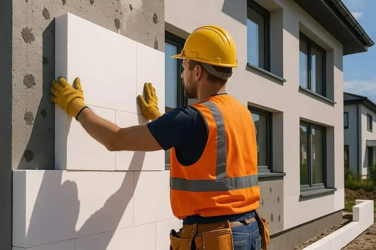 Operaio con casco giallo e giubbotto arancione posiziona pannelli isolanti bianchi per lavori di coibentazione su un edificio.