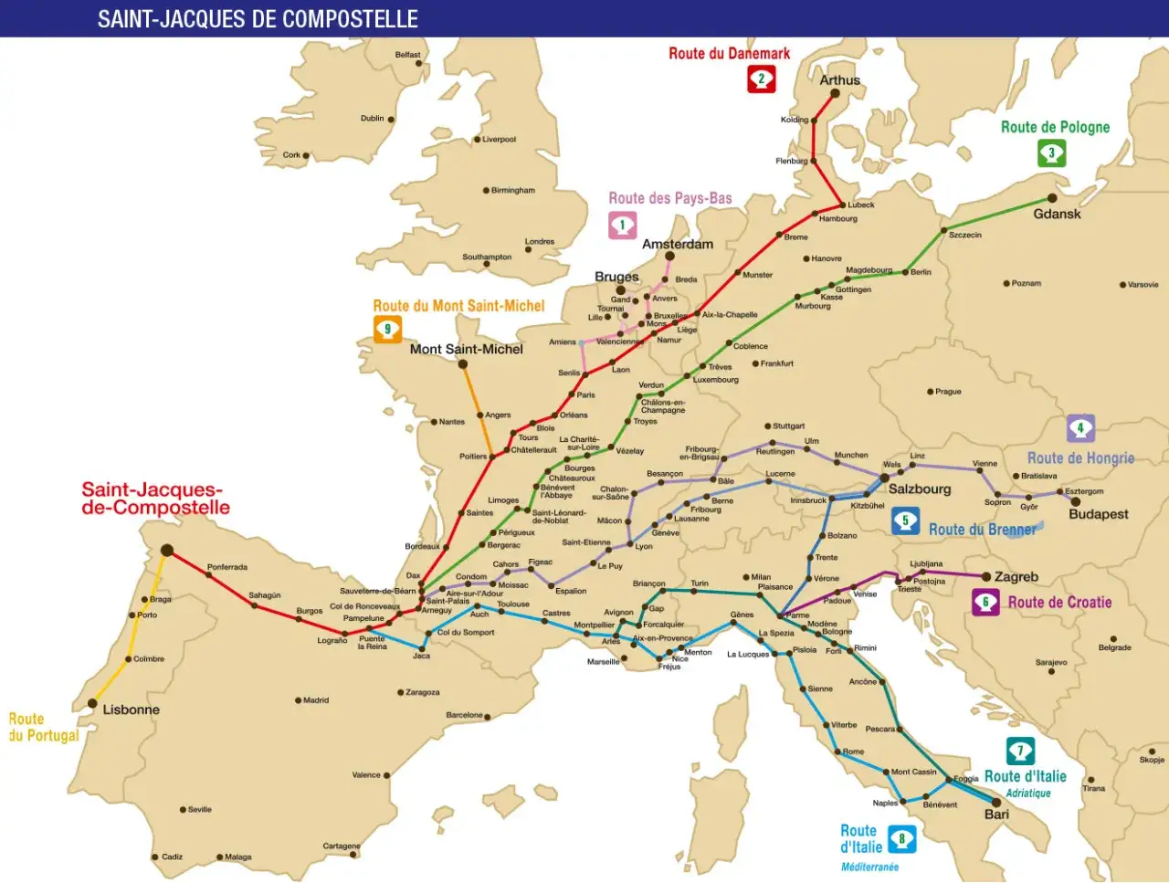 Carte des routes du chemin de compostelle, montrant les diff&eacute;rents itin&eacute;raires europ&eacute;ens.