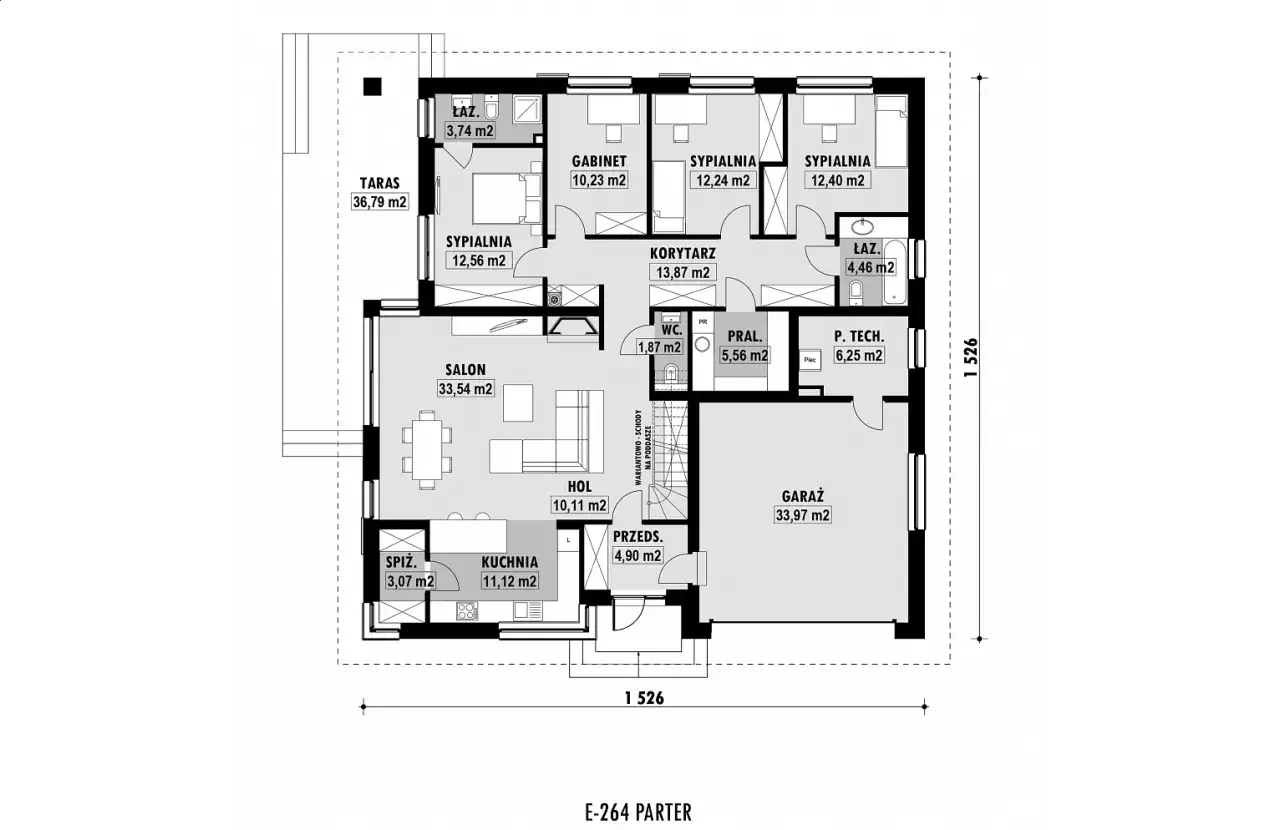 Parterowy dom dla 5-osobowej rodziny: salon 33,54 m², 3 sypialnie, gabinet, kuchnia, garaż 33,97 m², taras 36,79 m².