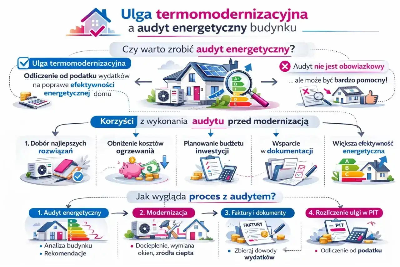 Dowiedz się, ile kosztuje audyt energetyczny i jakie korzyści przynosi termomodernizacja. Proces obejmuje analizę, modernizację, dokumentację i rozliczenie ulgi.