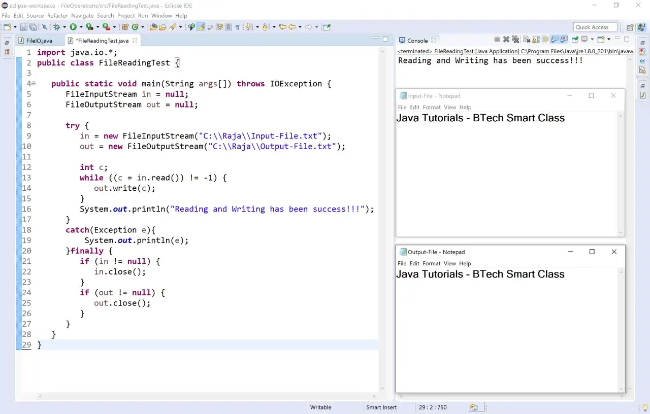 Code Java pour lire et écrire dans un fichier. Le programme copie le contenu de