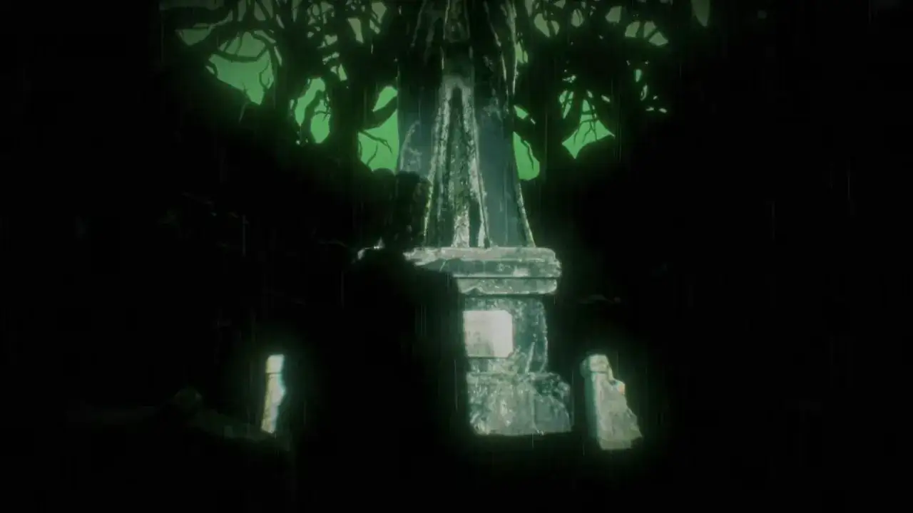 Un monumento sombrío bajo árboles retorcidos, con un brillo verde fantasmal. ¿Será este el escenario de Persona 6 de Atlus?