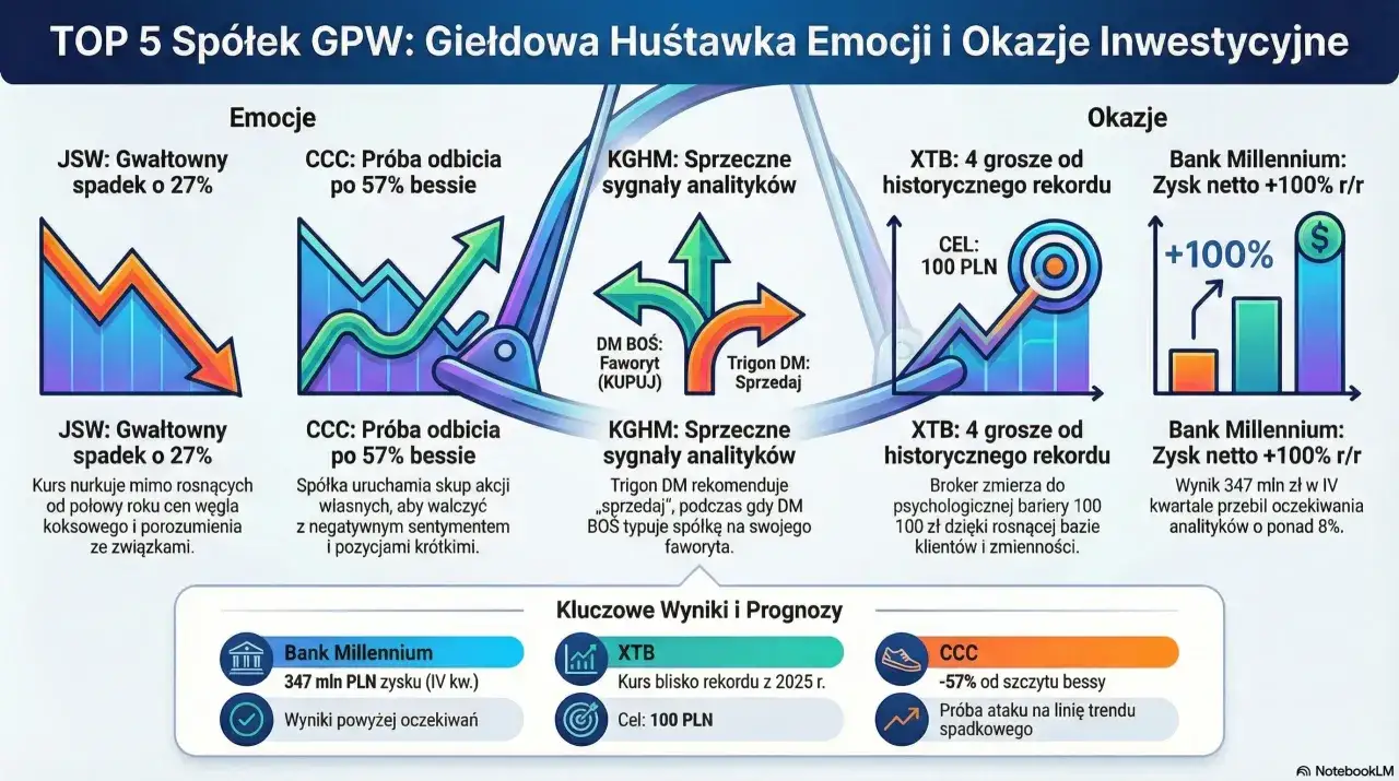JSW spada o 27%, CCC pr&oacute;buje odbić po bessie, KGHM ma sprzeczne sygnały, XTB blisko rekordu, a Bank Millennium notuje +100% zysku. Skup akcji własnych to strategia CCC.