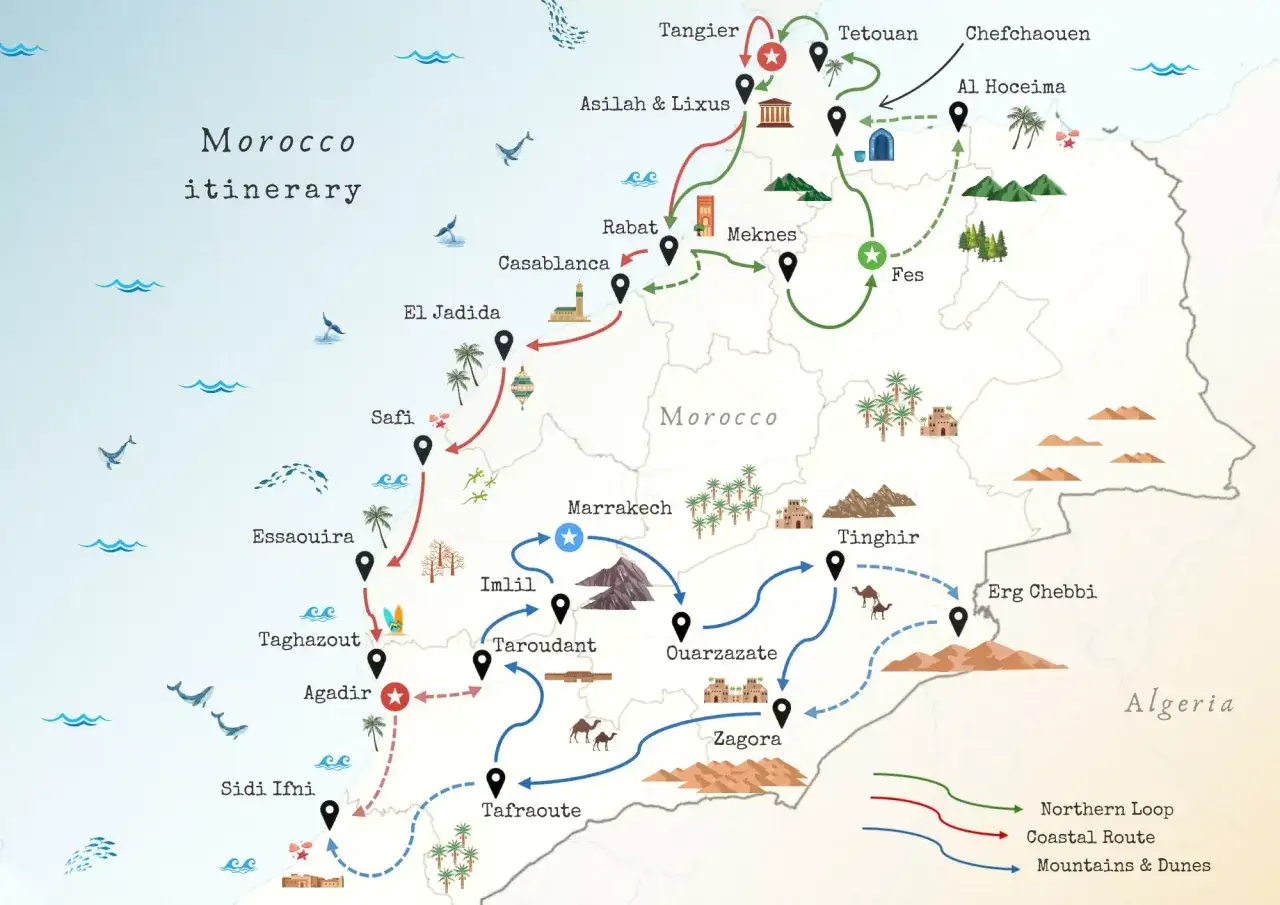 Mapa Maroka z trasami: Północna pętla (zielona), Trasa przybrzeżna (czerwona), Góry i wydmy (niebieska). Odpowiada na pytanie, gdzie leży Maroko.