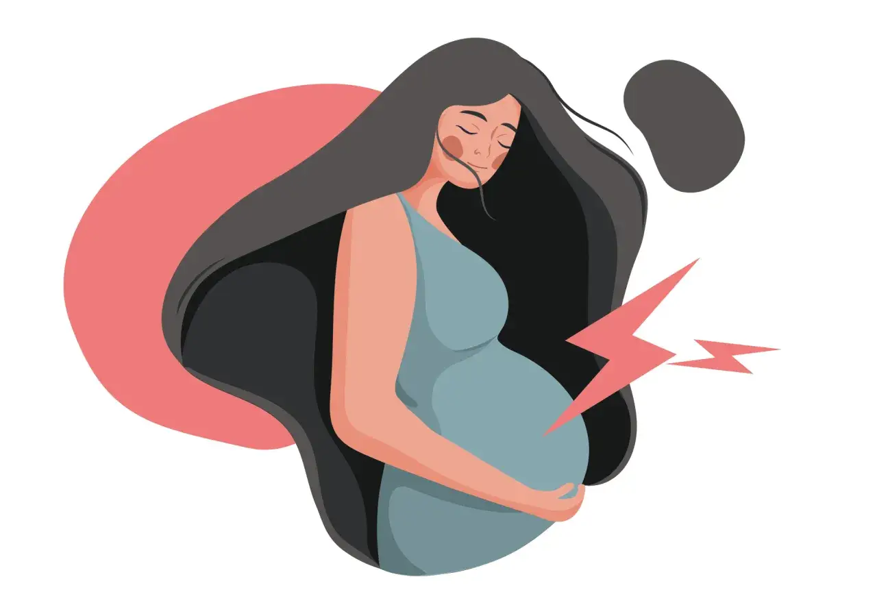 Gravid kvinna med slutna ögon, håller magen. Smärtblixtar indikerar analkramp under graviditet.