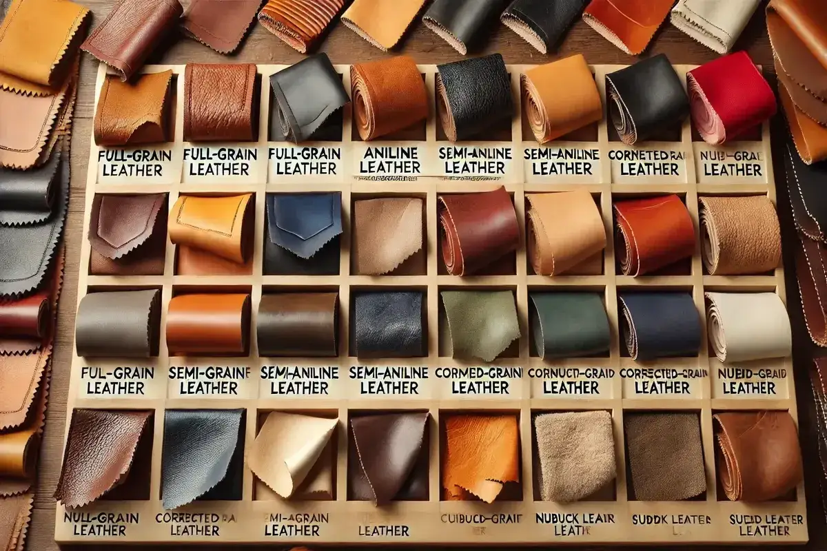 Próbki skór: full-grain, aniline, semi-aniline, nubuck. Leather cuir to skóra licowa, pełnoziarnista, najwyższej jakości.