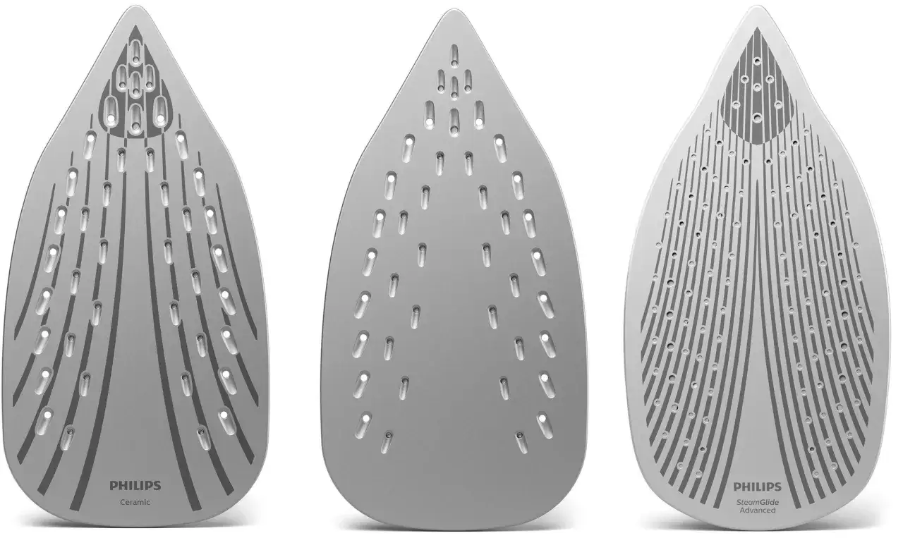 Trzy podeszwy żelazek Philips: Ceramic, bez opisu i SteamGlide Advanced. To dobre żelazko, które ułatwi prasowanie.