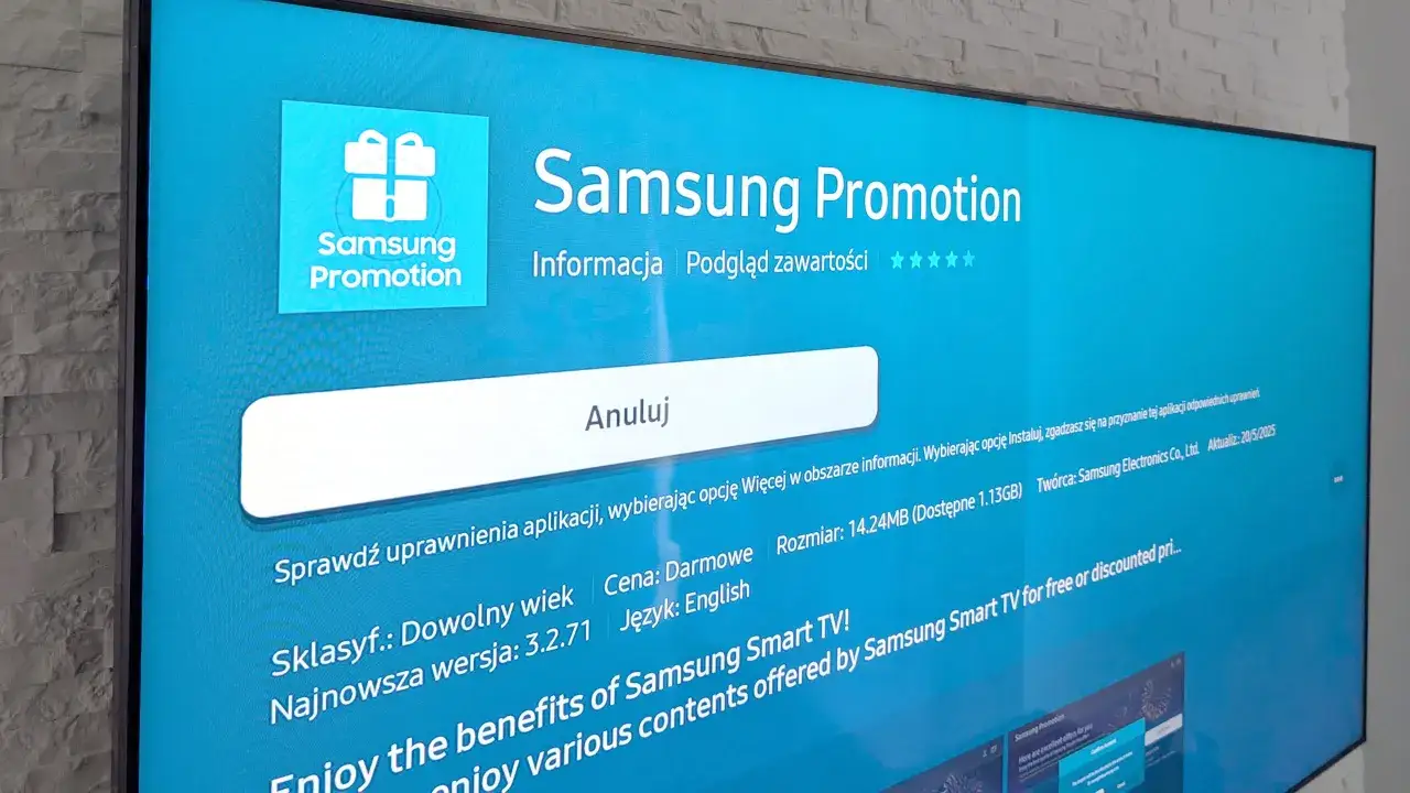 Ekran telewizora Samsung z informacją o aplikacji 