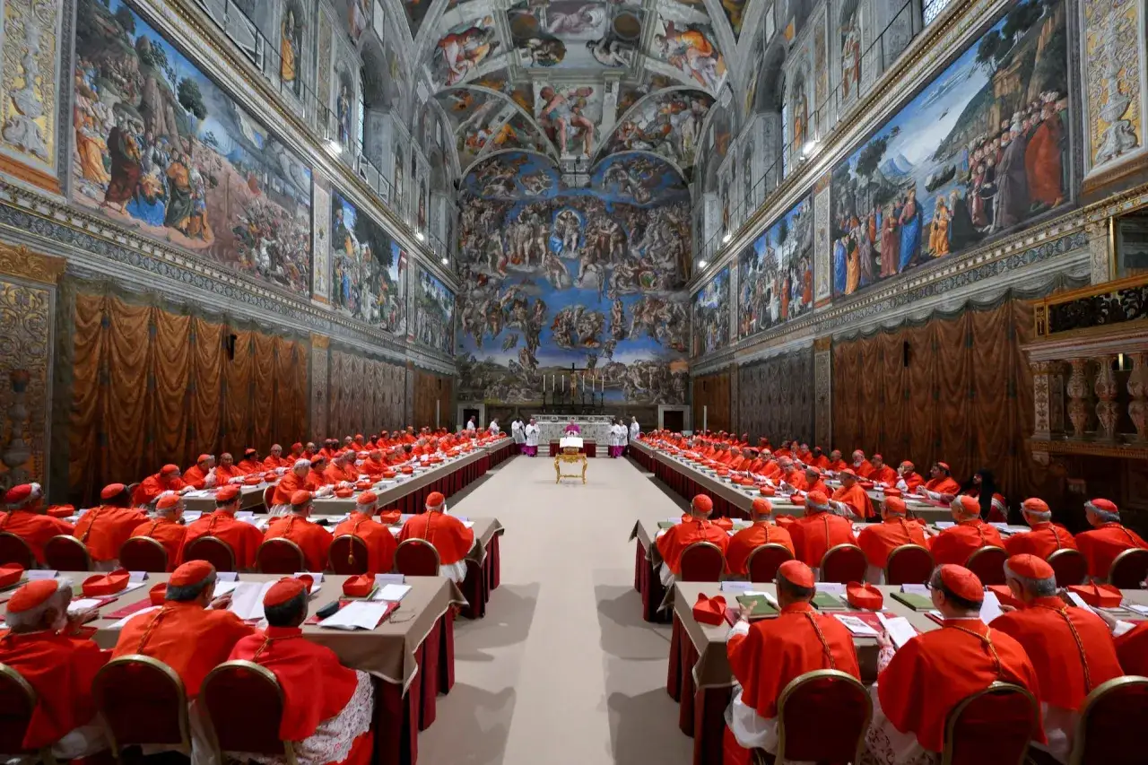 Cardinals in red robes gather in the Sistine Chapel, a solemn scene hinting at how the Pope is chosen through a conclave.