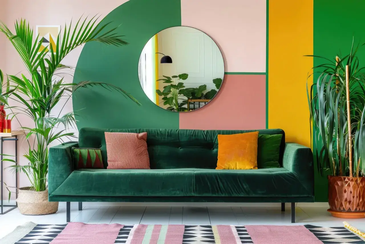 Inspiracja na to, jak pomalować ściany w salonie: zielona sofa, kolorowe geometryczne wzory na ścianach, rośliny i okrągłe lustro.