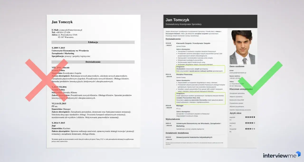 Jan Tomczyk, doświadczony Koordynator Sprzedaży, prezentuje swoje podsumowanie zawodowe, podkreślając umiejętności zarządzania zespołem i budowania relacji z klientami.