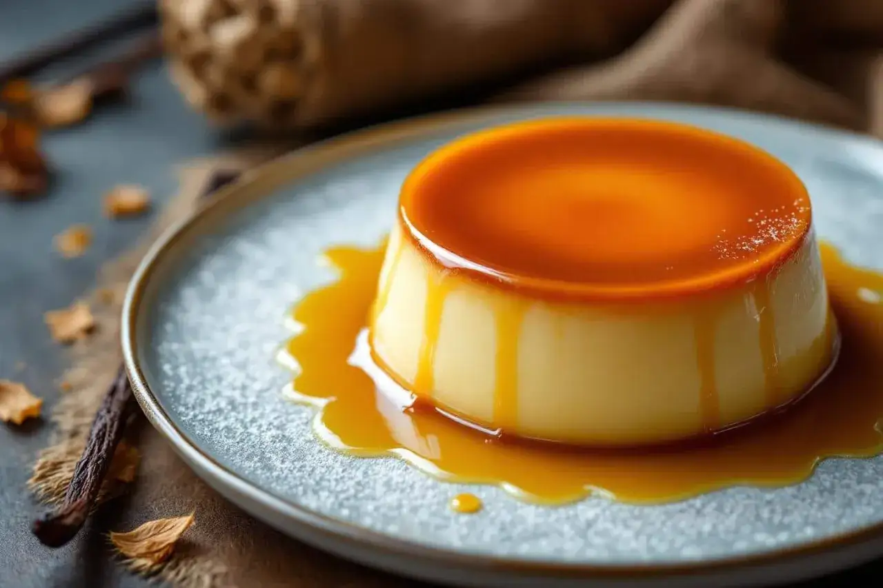 Crème renversée on a plate, bathed in golden caramel sauce. A classic dessert, perfectly smooth and inviting.