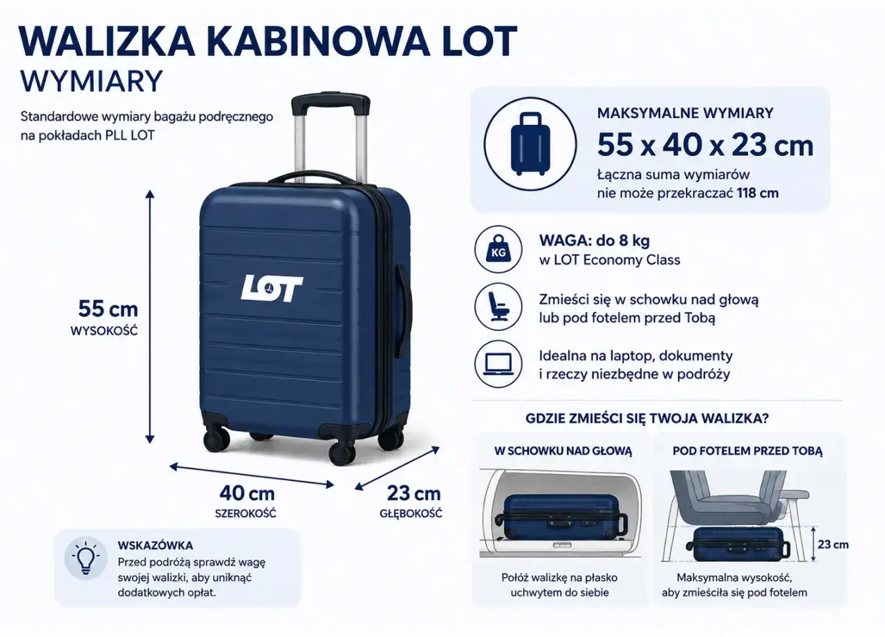Walizka kabinowa LOT: wymiary 55x40x23 cm, waga do 8 kg. Idealna na podróż, mieści się w schowku nad głową lub pod fotelem.