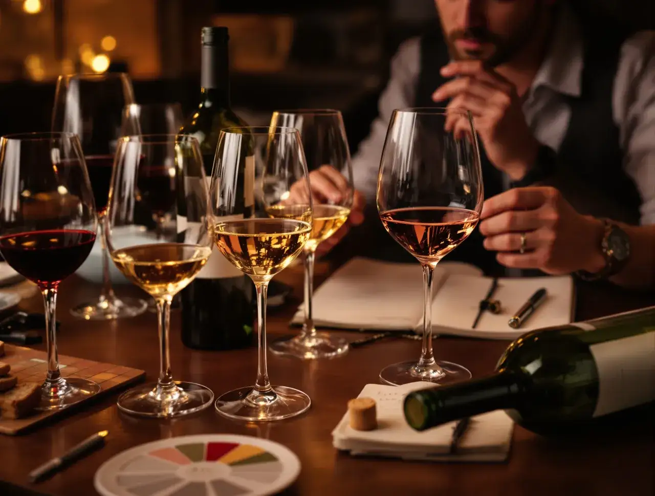 Degustacja wina: jak rozpoznać korkowe wino objawy skażenia TCA w smaku. Kieliszki z winem, butelki, notatnik i korek na stole.