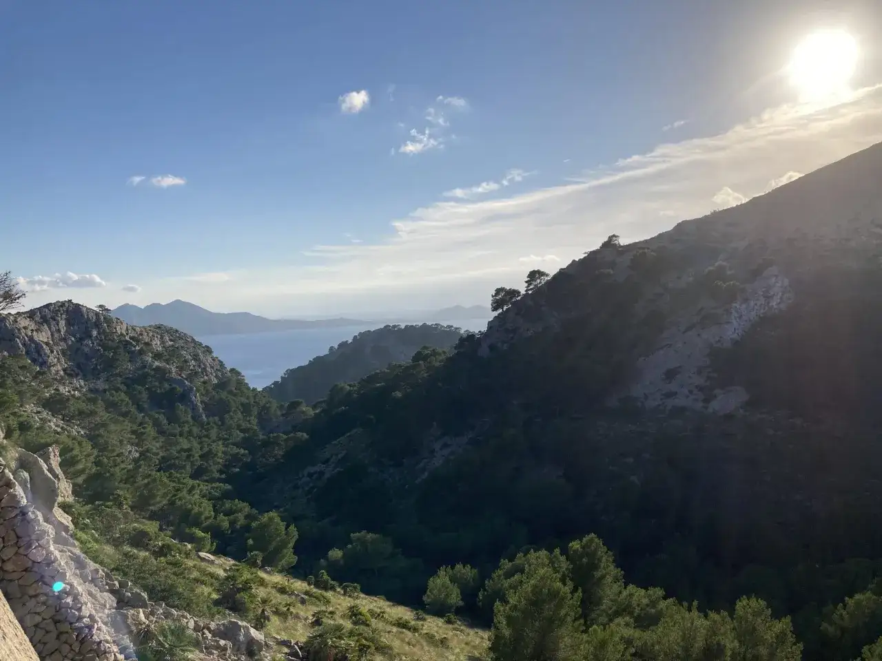 Vue panoramique sur les montagnes verdoyantes de Majorque, avec la mer bleue en arri&egrave;re-plan. Id&eacute;al pour savoir que faire &agrave; Majorque.