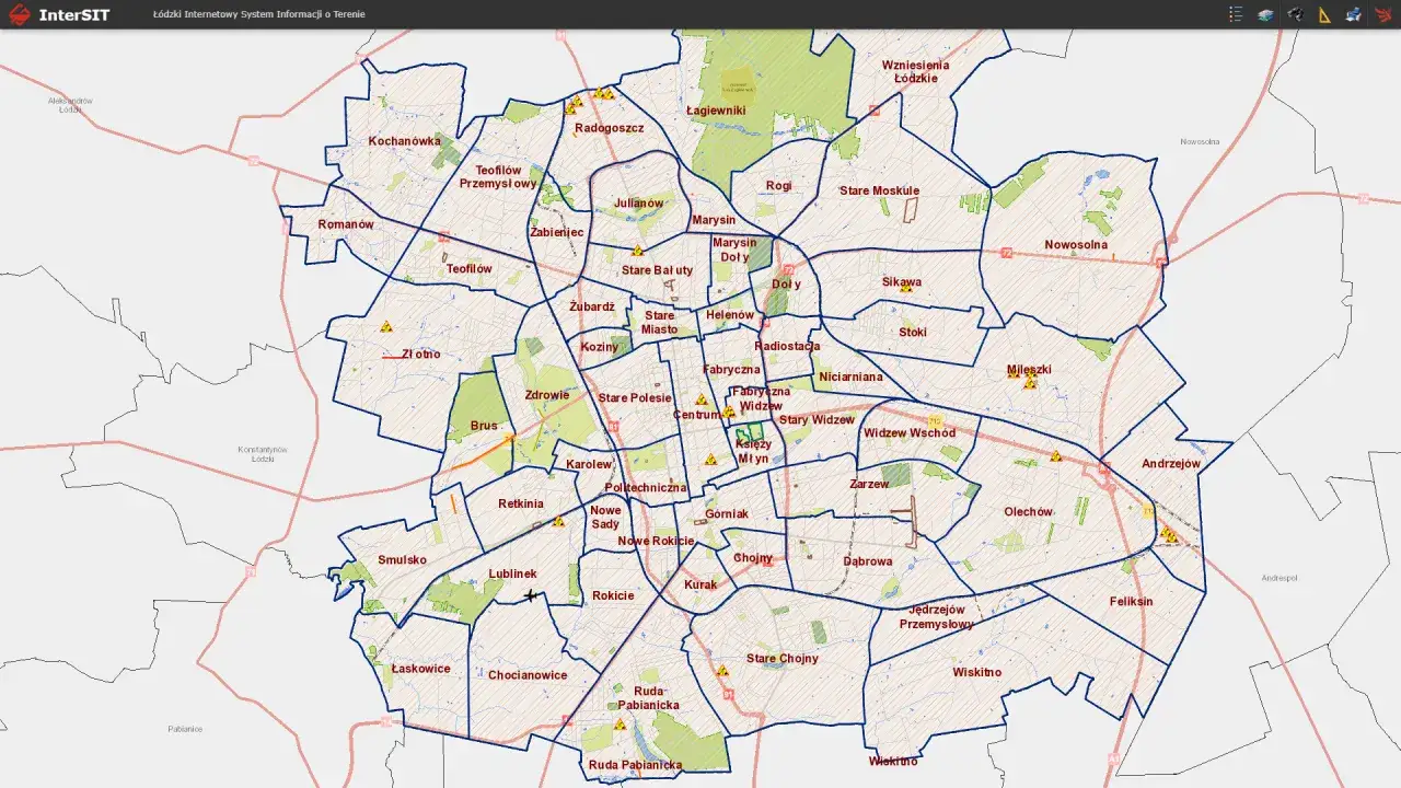 Mapa przedstawia podział na dzielnice Łodzi, z nazwami takimi jak Bałuty, Widzew, Polesie, Śródmieście i inne.