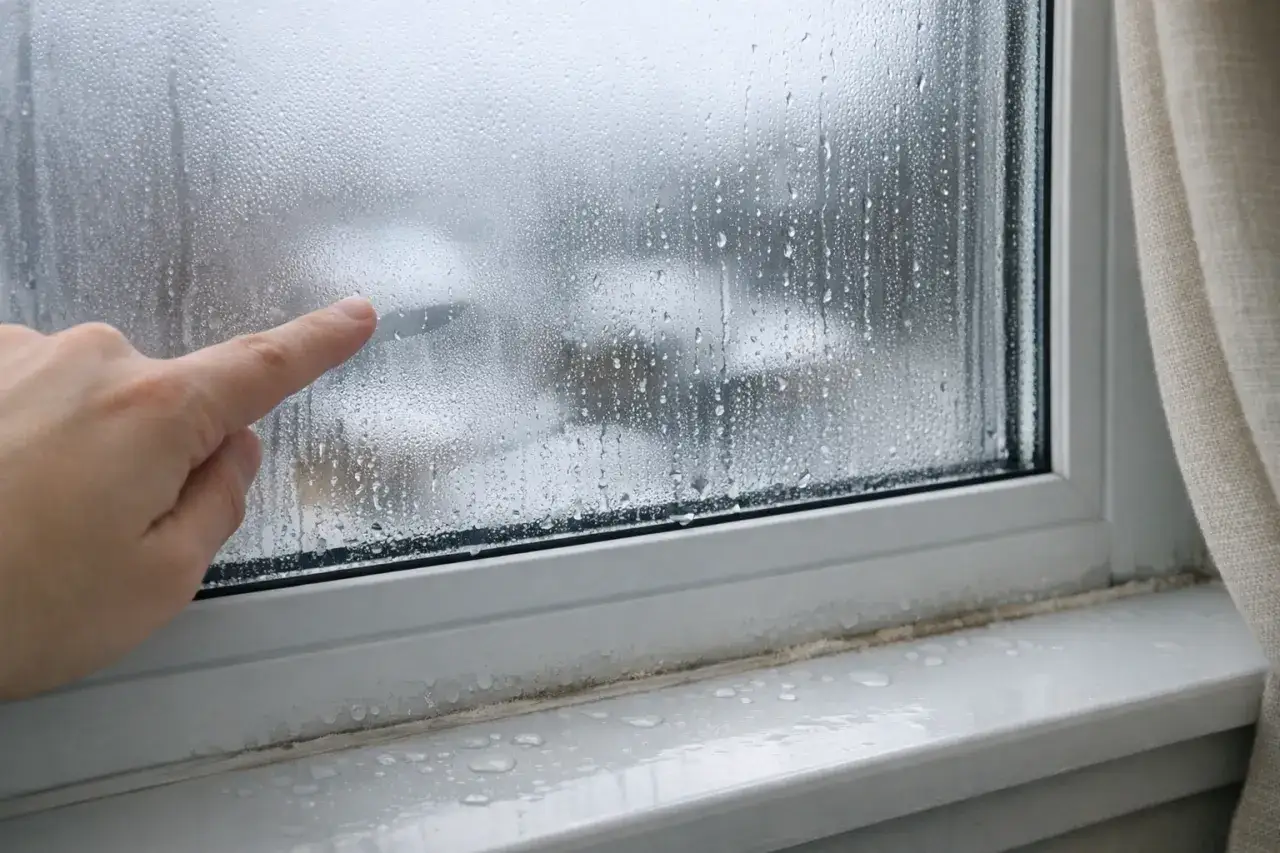 Dedo señalando la condensación en las ventanas, con gotas de agua visibles y una cortina a la derecha.