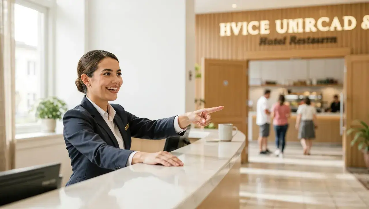 Uśmiechnięta recepcjonistka wskazuje drogę. Doskonałe szkolenia hotelarskie zapewniają takie profesjonalne podejście.