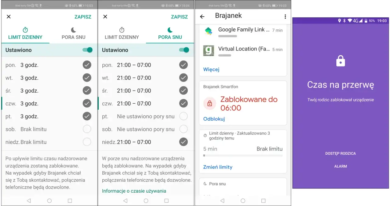 Jak wylogować dziecko z Family Link? Widok blokady rodzicielskiej na telefonie dziecka, z informacją 