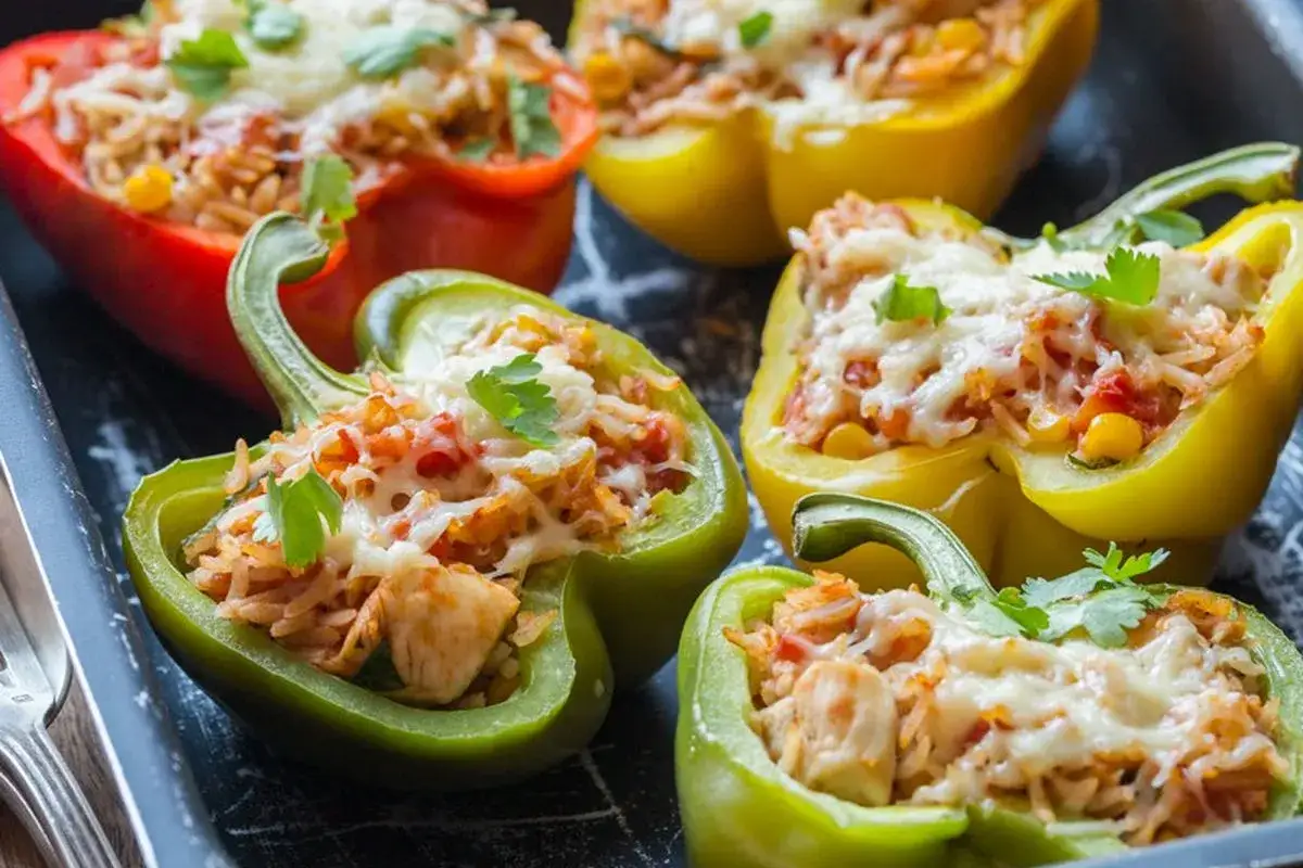 Poivrons farcis colorés, garnis de riz, poulet et fromage fondant, prêts à être dégustés.