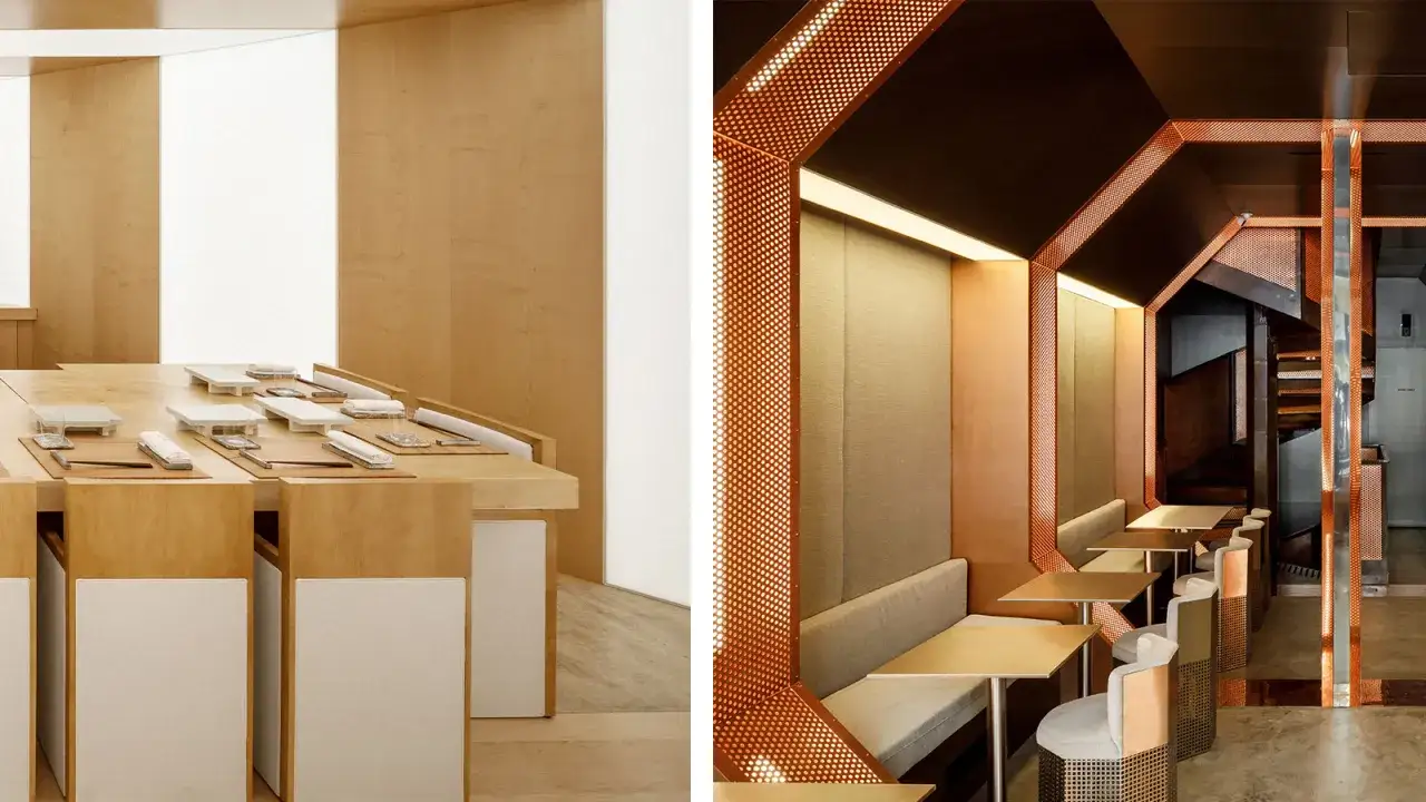 Ambiance moderne et &eacute;pur&eacute;e pour d&eacute;guster le meilleur sushi &agrave; Paris. Tables en bois clair, banquettes confortables et escalier design.
