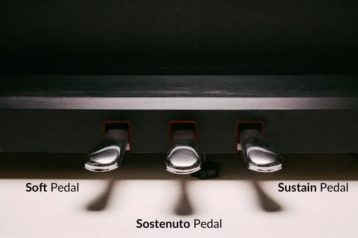 Trzy błyszczące pedały w pianinie: Soft Pedal, Sostenuto Pedal i Sustain Pedal, gotowe do tworzenia muzyki.