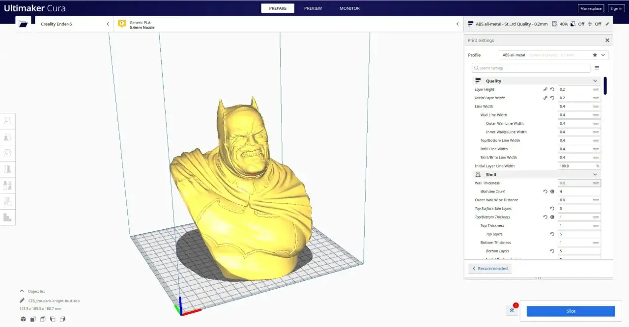 Busta Batmana w programie Ultimaker Cura. Ustawienia druku w zakładce