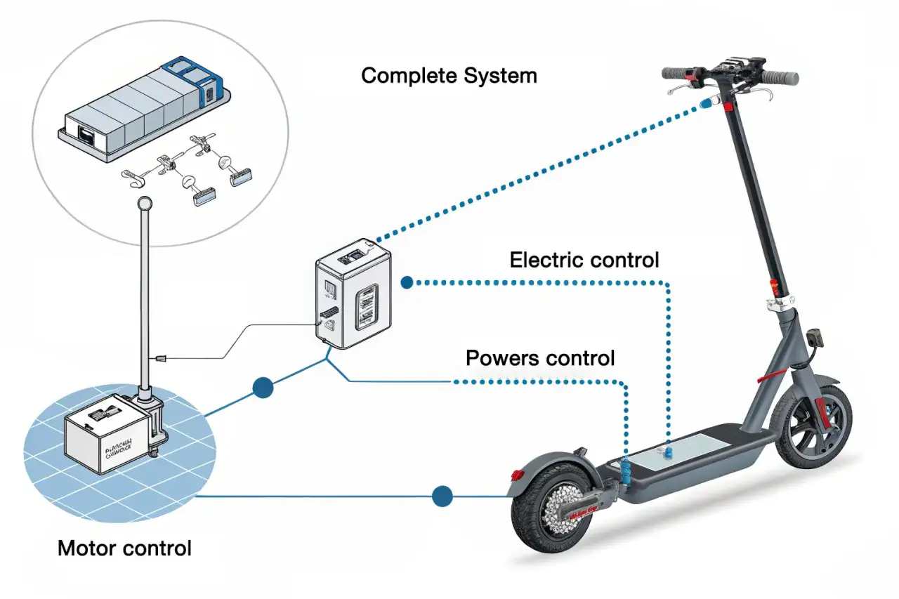 Schéma du fonctionnement d'une trottinette électrique : batterie, moteur, et contrôles électriques et de puissance.