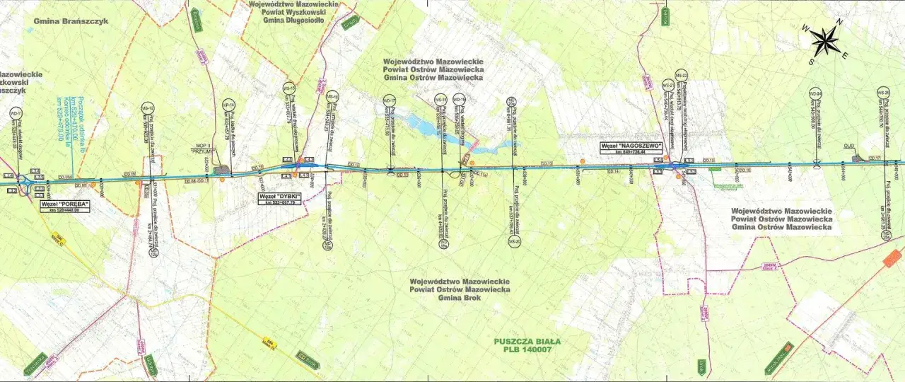 Mapa drogowa z zaznaczoną trasą S8, węzłami (np. 
