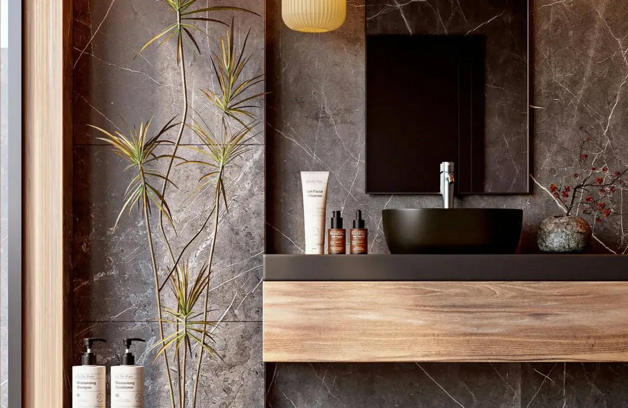 Modern bathroom vanity ideas featuring a floating wood shelf, dark vessel sink, and marble walls.