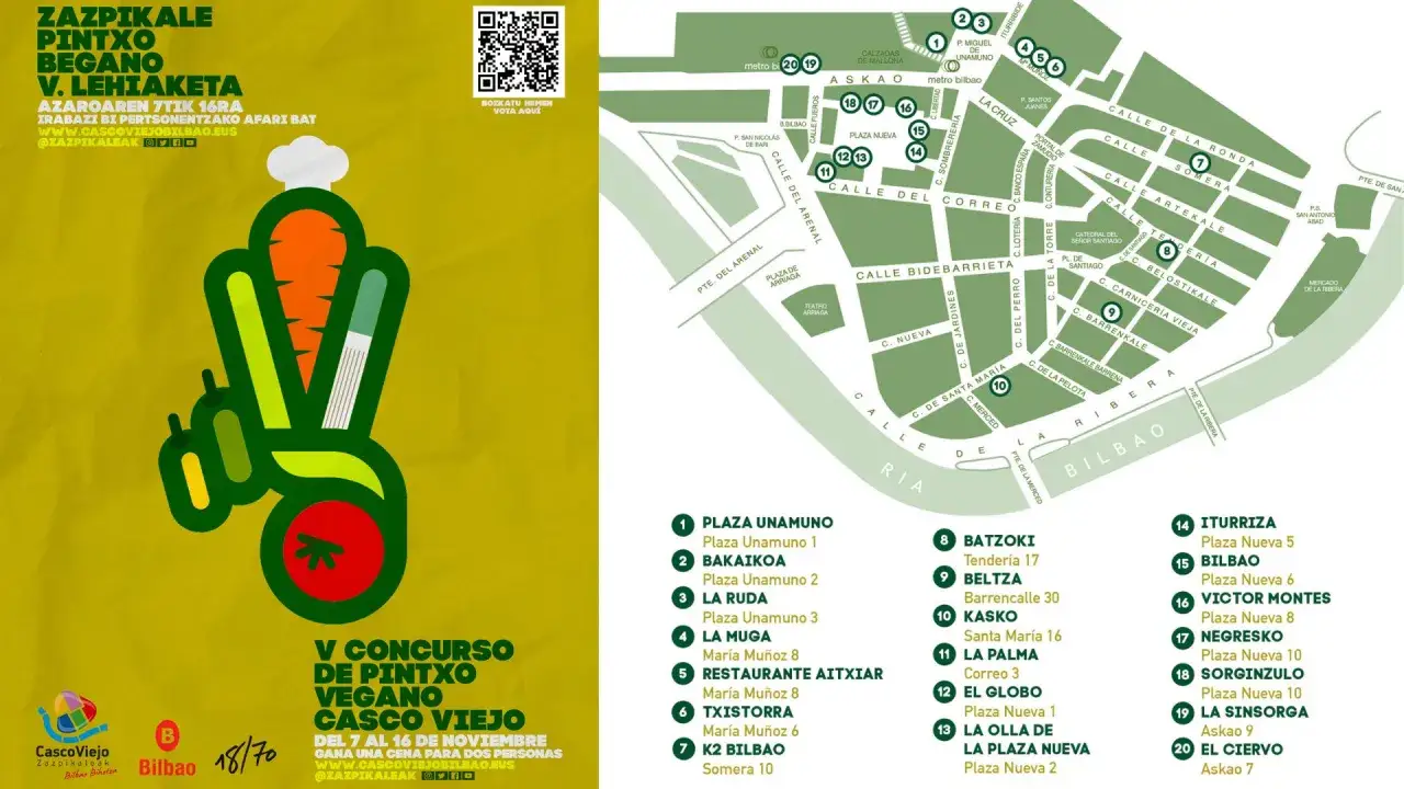 Mapa del concurso de pintxos veganos en Casco Viejo, Bilbao. ¡Descubre dónde comer en Bilbao!