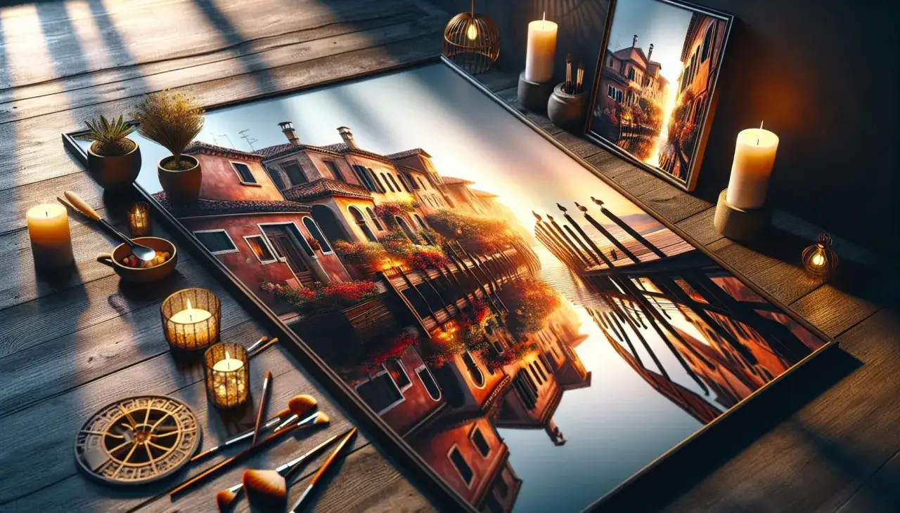 Un lienzo con **fotos originales y creativas** de Venecia al atardecer, rodeado de velas, pinceles y plantas.