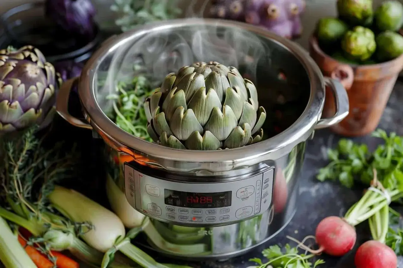Un gros artichaut vert cuit &agrave; la vapeur dans une cocotte minute, entour&eacute; d'herbes fra&icirc;ches et de l&eacute;gumes.