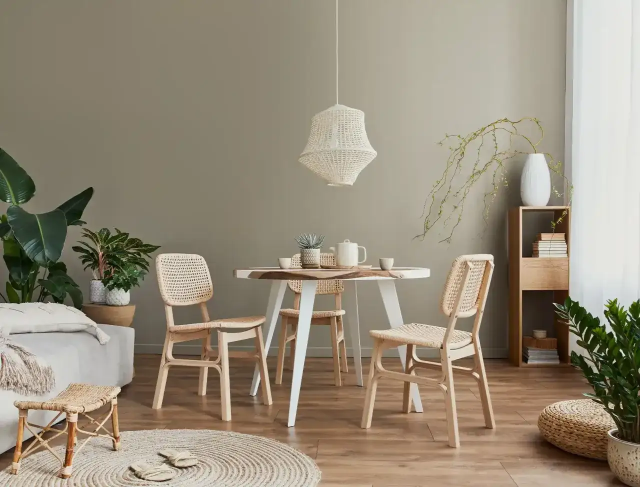 En ljus matplats med rottingstolar och ett runt bord. En korglampa och gröna växter ger svensk grace inspiration.