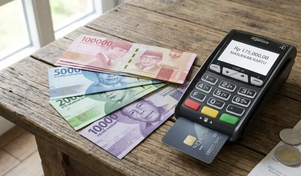 Rupie indonezyjskie, czyli waluta na Bali, leżą obok terminala płatniczego.