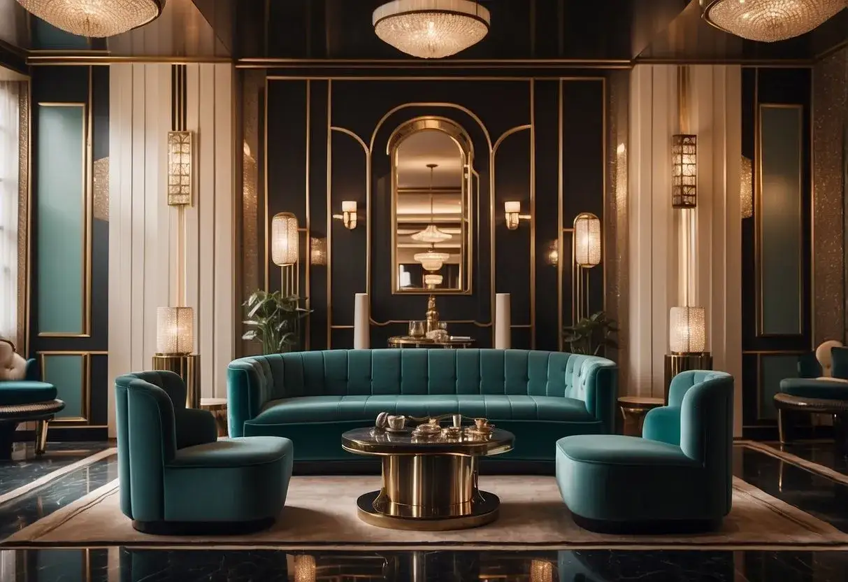 Un salon luxueux &agrave; l' **int&eacute;rieur Art D&eacute;co**, avec un canap&eacute; en velours turquoise, des fauteuils assortis et une table basse dor&eacute;e.